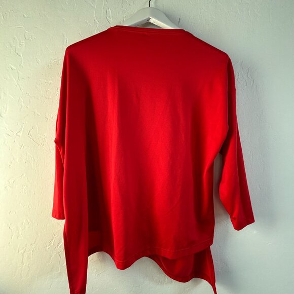 Xiao Womens Red Asymmetrical Hem Top Small 3/4 Sleeve Pockets Stretch Casual - Picture 2 of 7